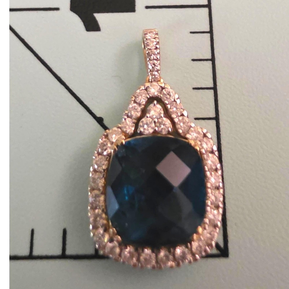 BW 14K Gold London Blue Topaz 35 Diamond Halo Pendant on 14K Gold Chain 18" RCI
